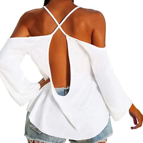 NWOT Cold shoulder top open back tunic blouse Medium bell sleeves olive green - Picture 2 of 3